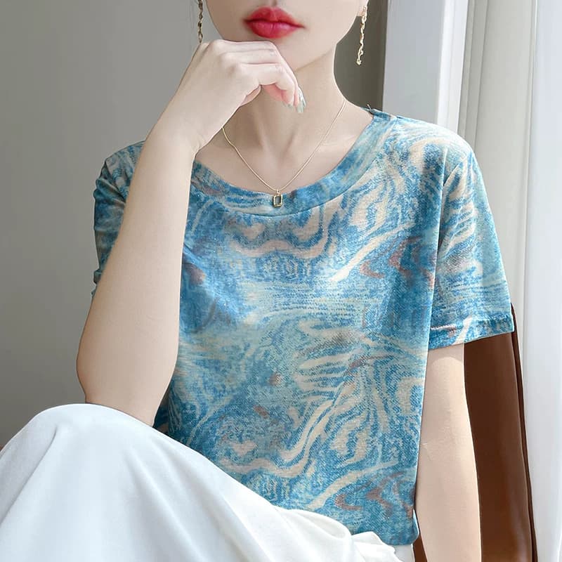 设计感彩色墨画涂鸦短袖T恤女莱赛尔天丝宽松上衣圆领半袖针织衫 - 缩略图4