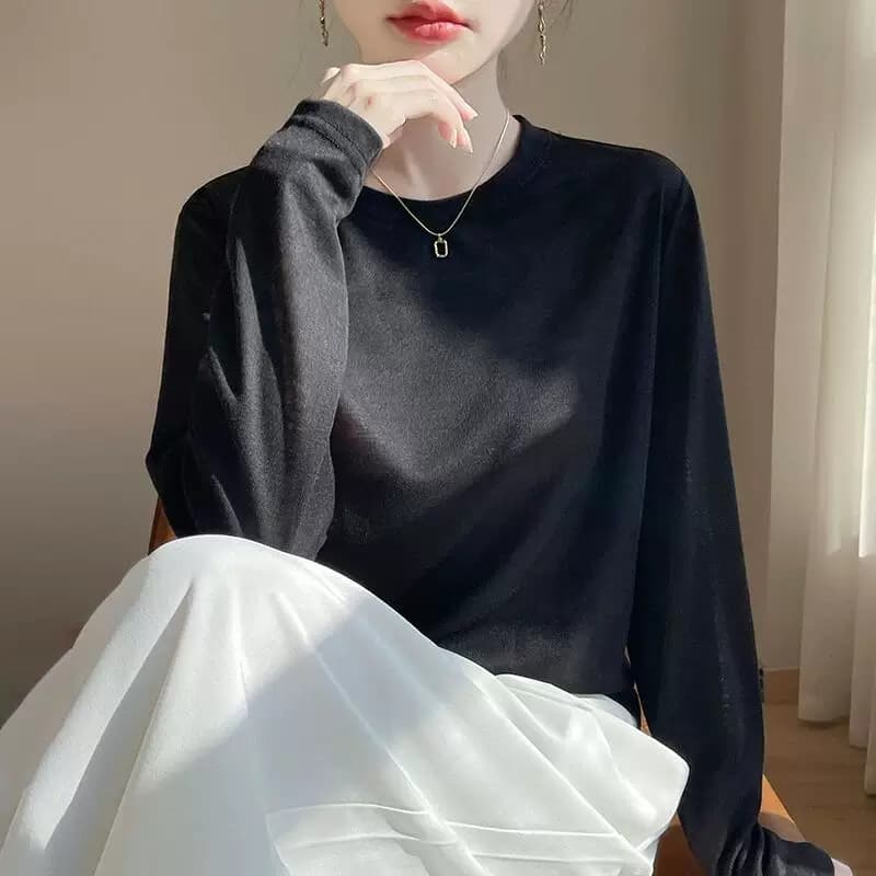 春夏薄精纺莱赛尔天丝短袖t恤女宽松圆领针织毛衣长袖打底衫上衣 - 缩略图5