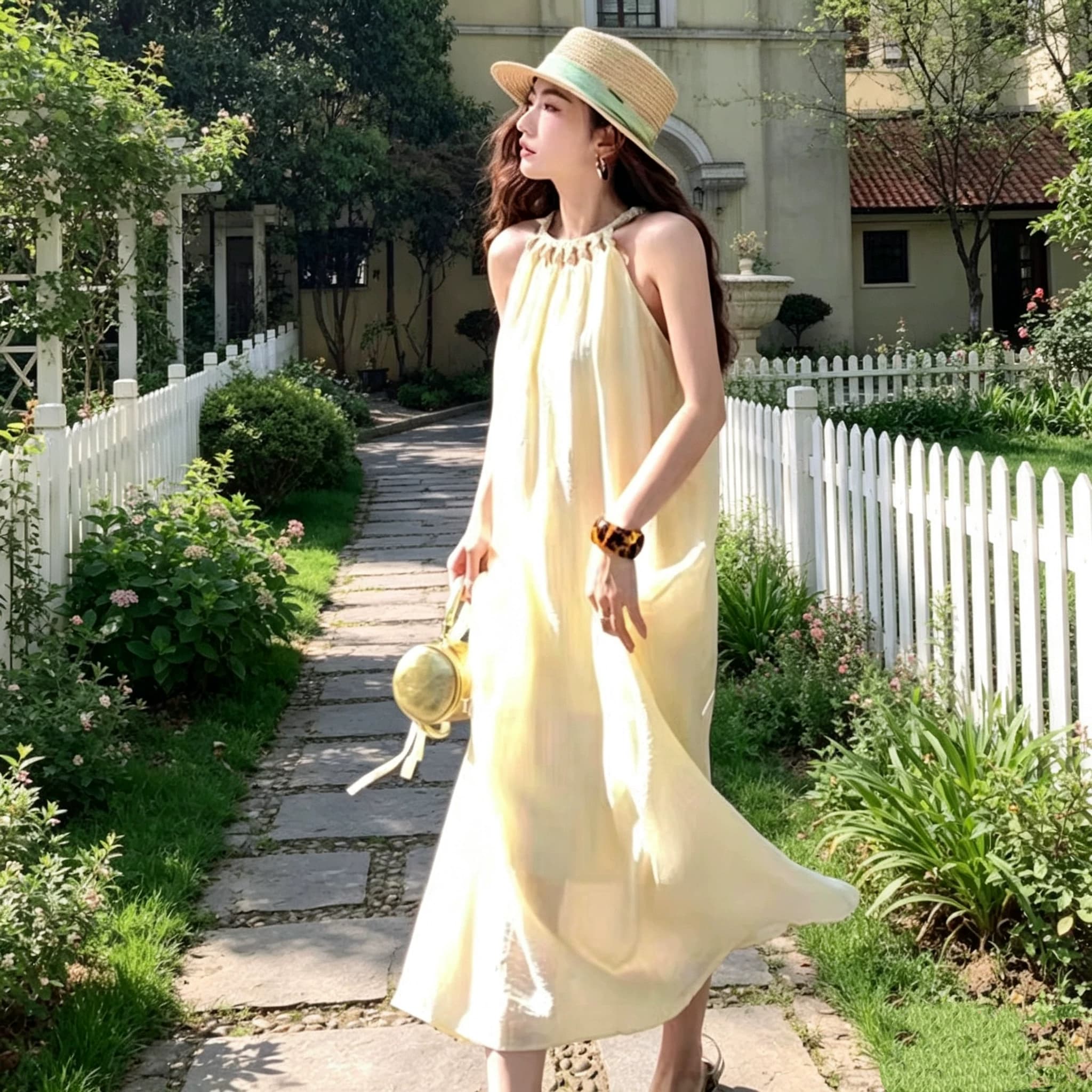 白色宽松裙子女2026新款海边度假法式挂脖连衣裙无袖收腰吊带长裙 - 缩略图3
