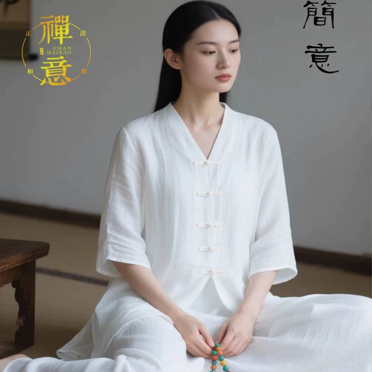 白色禅修服仙气疗愈居士服女款佛系风拜佛打坐素衣中国风禅意女装 - 缩略图4