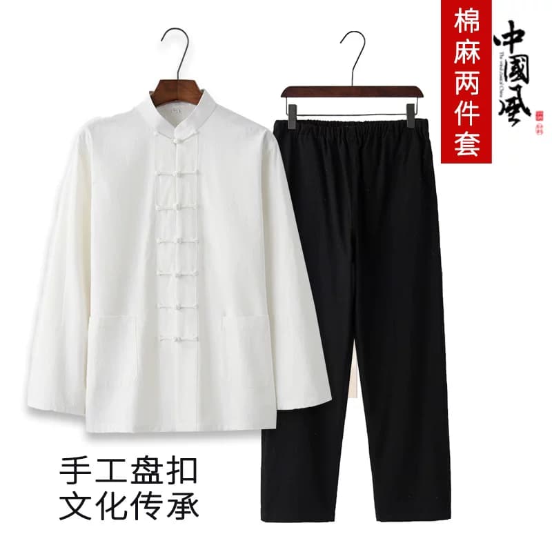 棉麻唐装男长袖套装春秋亚麻中国风男装中式汉服复古风禅修居士服 - 缩略图3