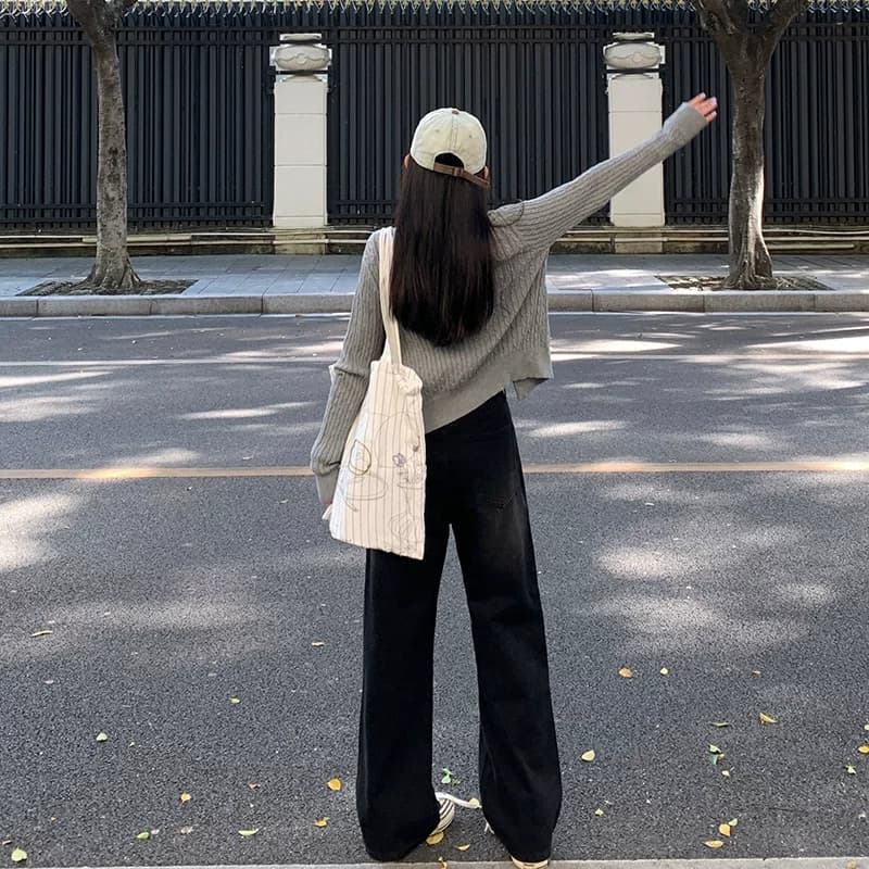 艾恩晟 黑灰色阔腿高腰黑灰色阔腿牛仔裤女宽松显瘦美式复古 - 缩略图3