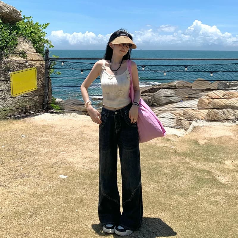 艾恩晟秋季新款微喇叭设计感小众高腰阔腿牛仔裤显瘦直筒裤子加绒 - 缩略图4
