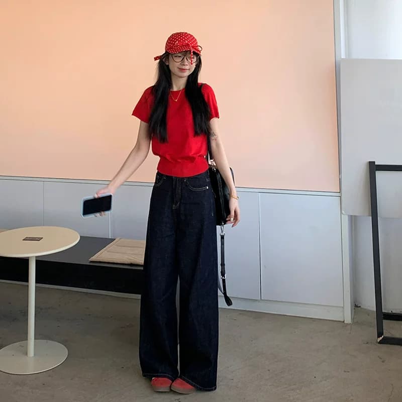 艾恩晟 2025早春美式宽松垂感牛仔阔腿裤深蓝色系慵懒风ins博主风 - 缩略图2