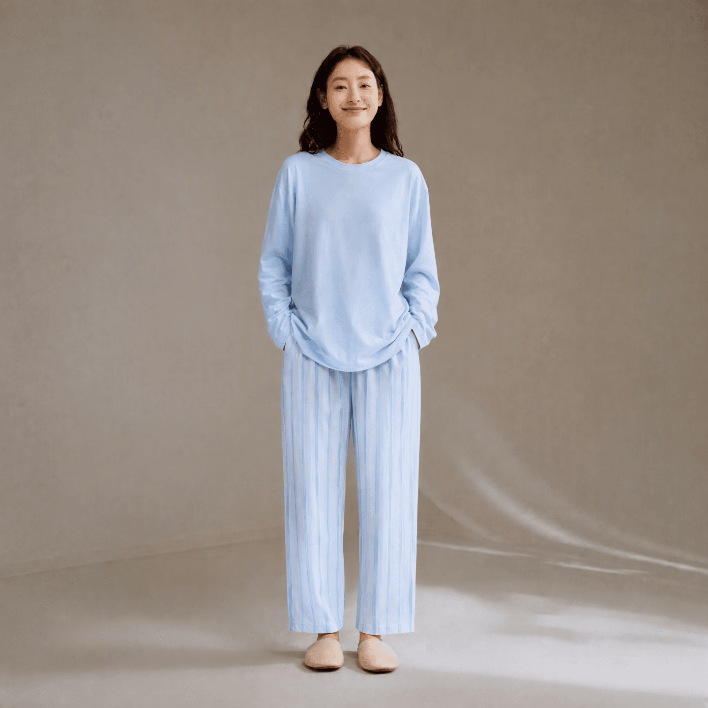 康妮雅秋季纯棉睡衣女长袖长裤家条纹居服全棉圆领宽松居家套装 - 缩略图2