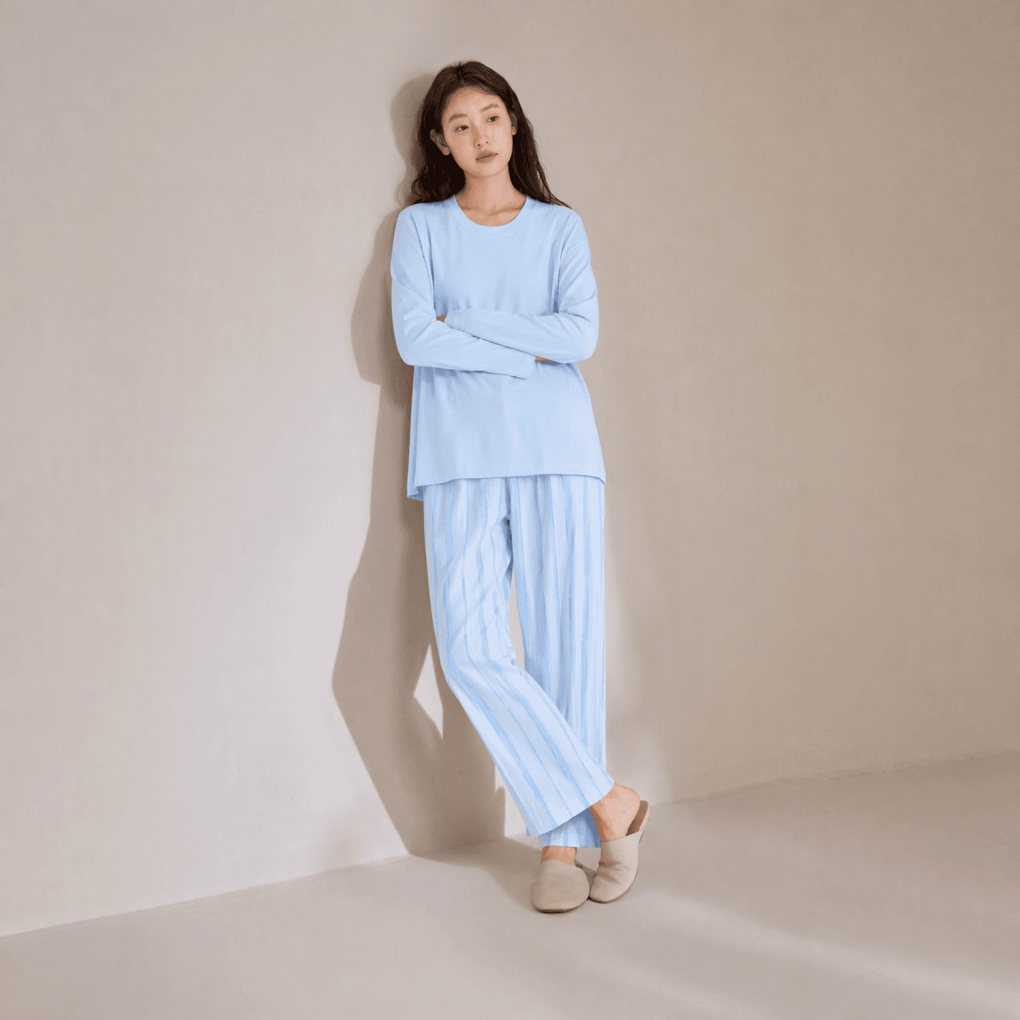 康妮雅秋季纯棉睡衣女长袖长裤家条纹居服全棉圆领宽松居家套装 - 缩略图3