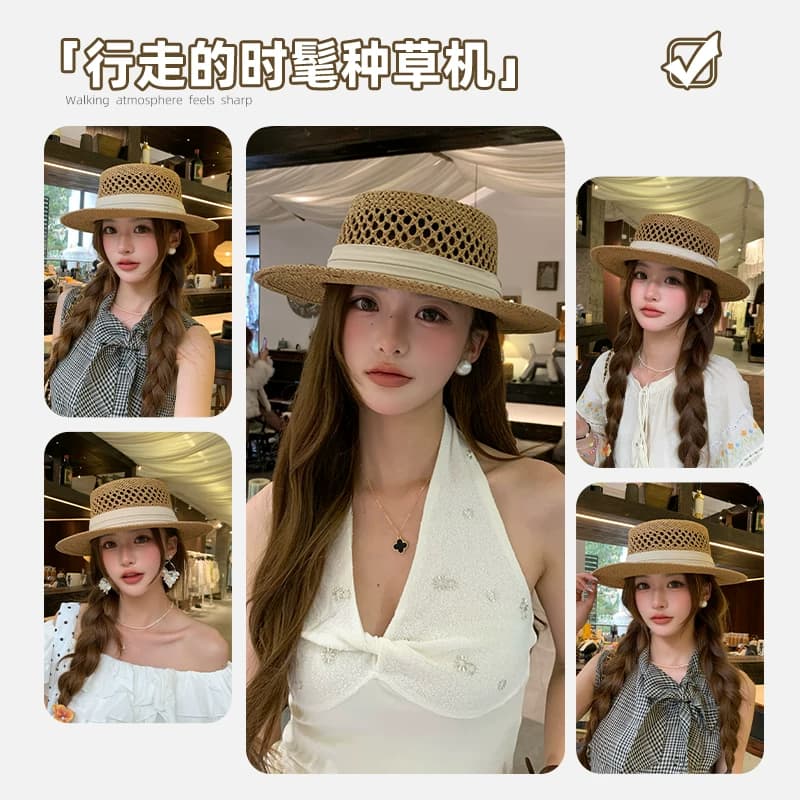 老钱风法式镂空草帽女2026新款夏季海边沙滩帽子度假太阳平顶礼帽 - 缩略图5