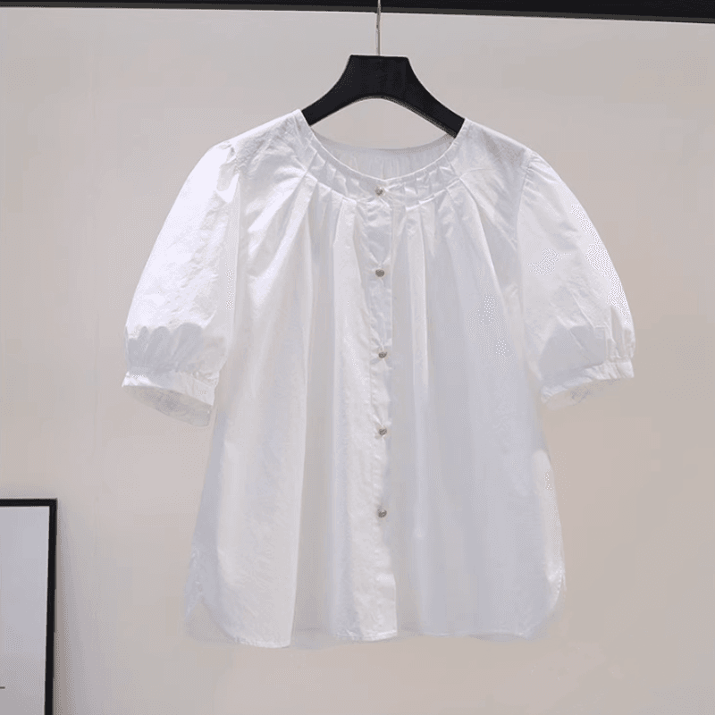 品牌折扣正品女装断码清仓特价不能退换圆领褶皱泡泡袖棉衬衫短 - 缩略图4