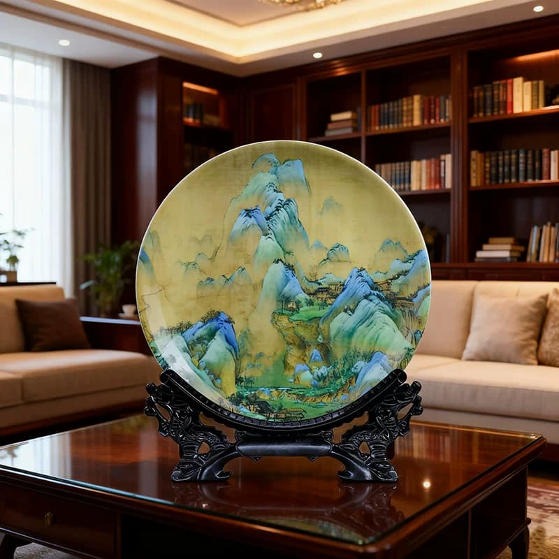 景德镇陶瓷装饰盘子千里江山图挂盘青绿山水摆件玄关博古架工艺品 - 缩略图4