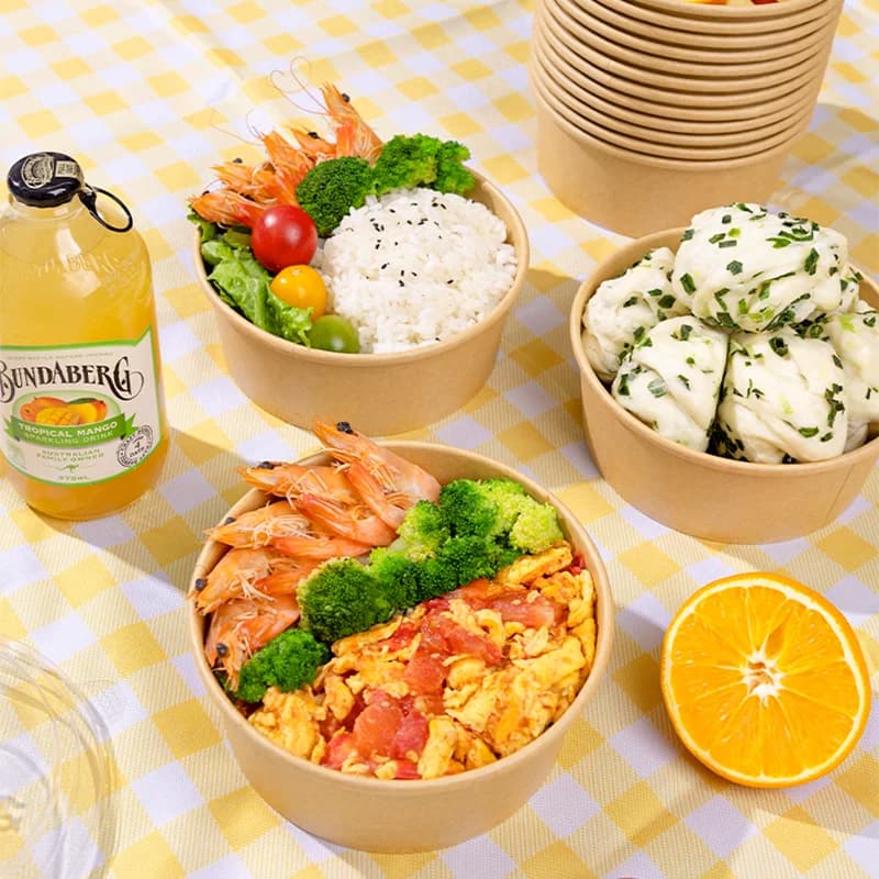 云蕾一次性餐盒牛皮纸带盖圆碗750ml*12套水果沙拉便当野餐打包盒 - 缩略图5