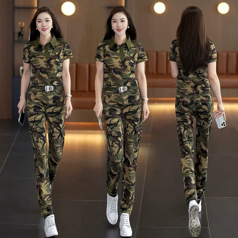 夏季迷彩服短袖套装女士工装服直筒裤显瘦大码舞蹈演出服登山潮 - 缩略图4