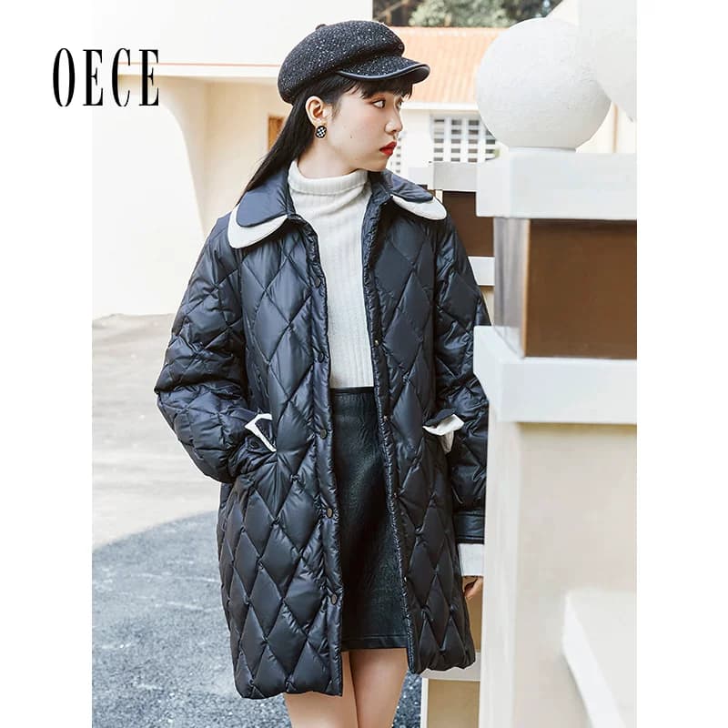 Oece中长款羽绒服冬装新款女复古学院风修身外套 - 缩略图3