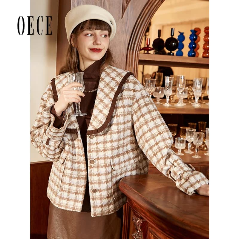 Oece毛呢外套冬季新款复古格子外套气质呢子呢大衣女 - 缩略图3