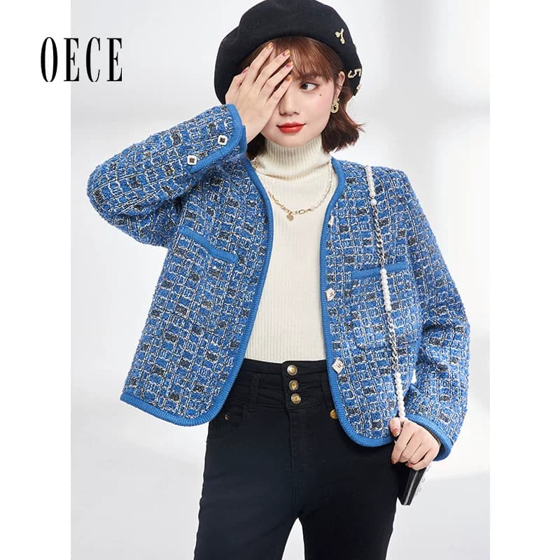 Oece复古小香风外套冬新款女气质花呢外套小个子 - 缩略图3