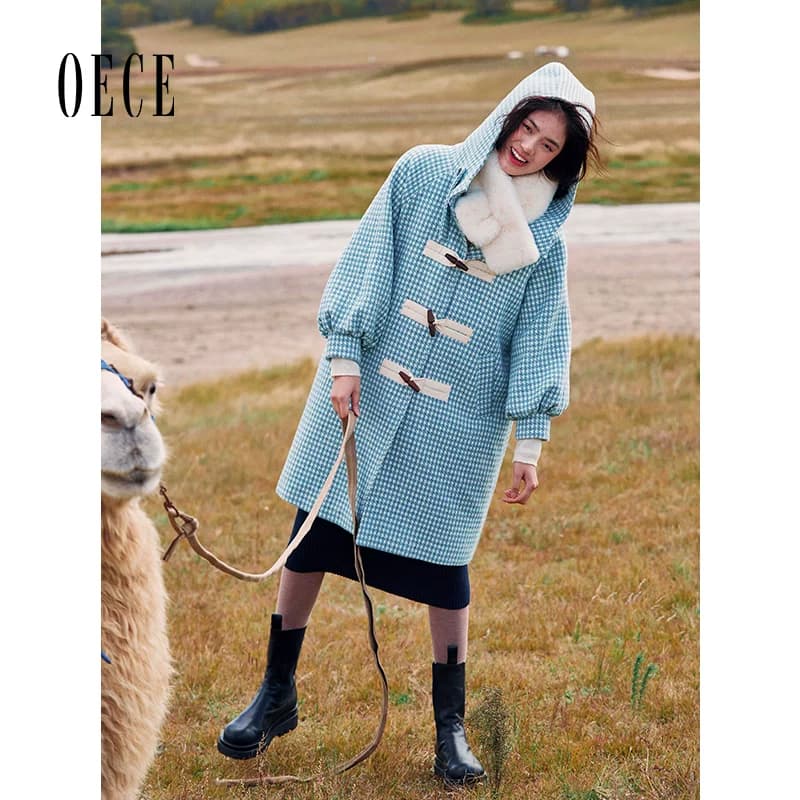 Oece秋冬装新款女千鸟格毛呢外套中长款冬呢子大衣 - 缩略图3