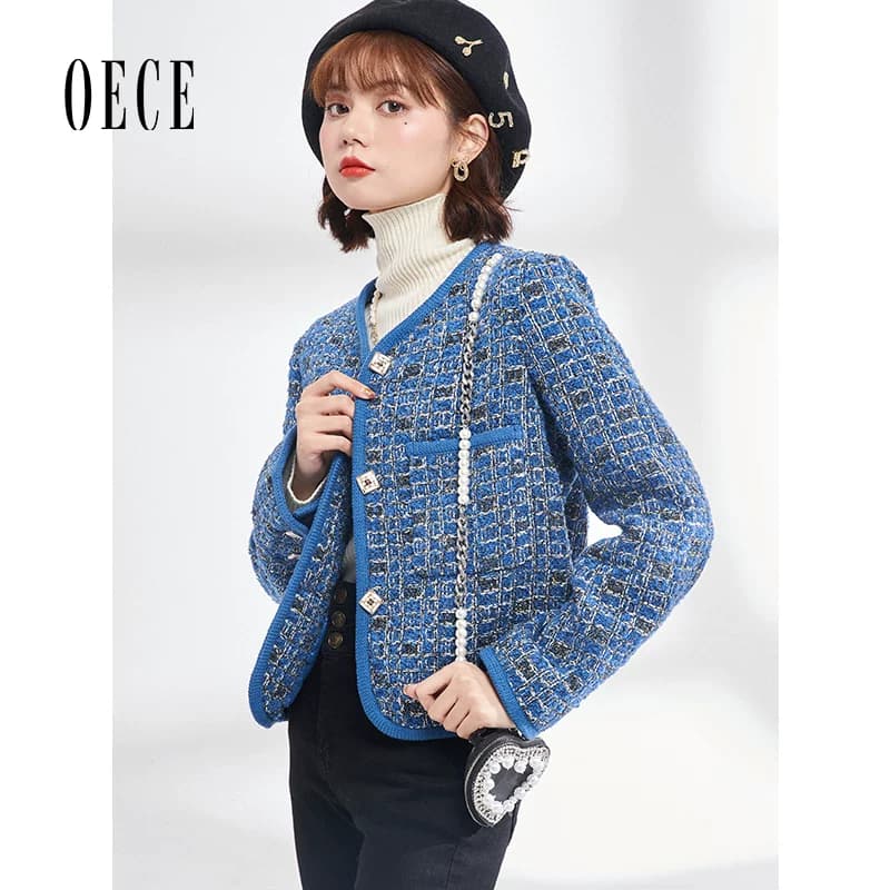 Oece复古小香风外套冬新款女气质花呢外套小个子 - 缩略图4