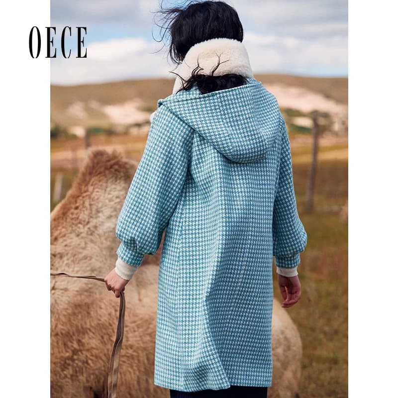 Oece秋冬装新款女千鸟格毛呢外套中长款冬呢子大衣 - 缩略图4
