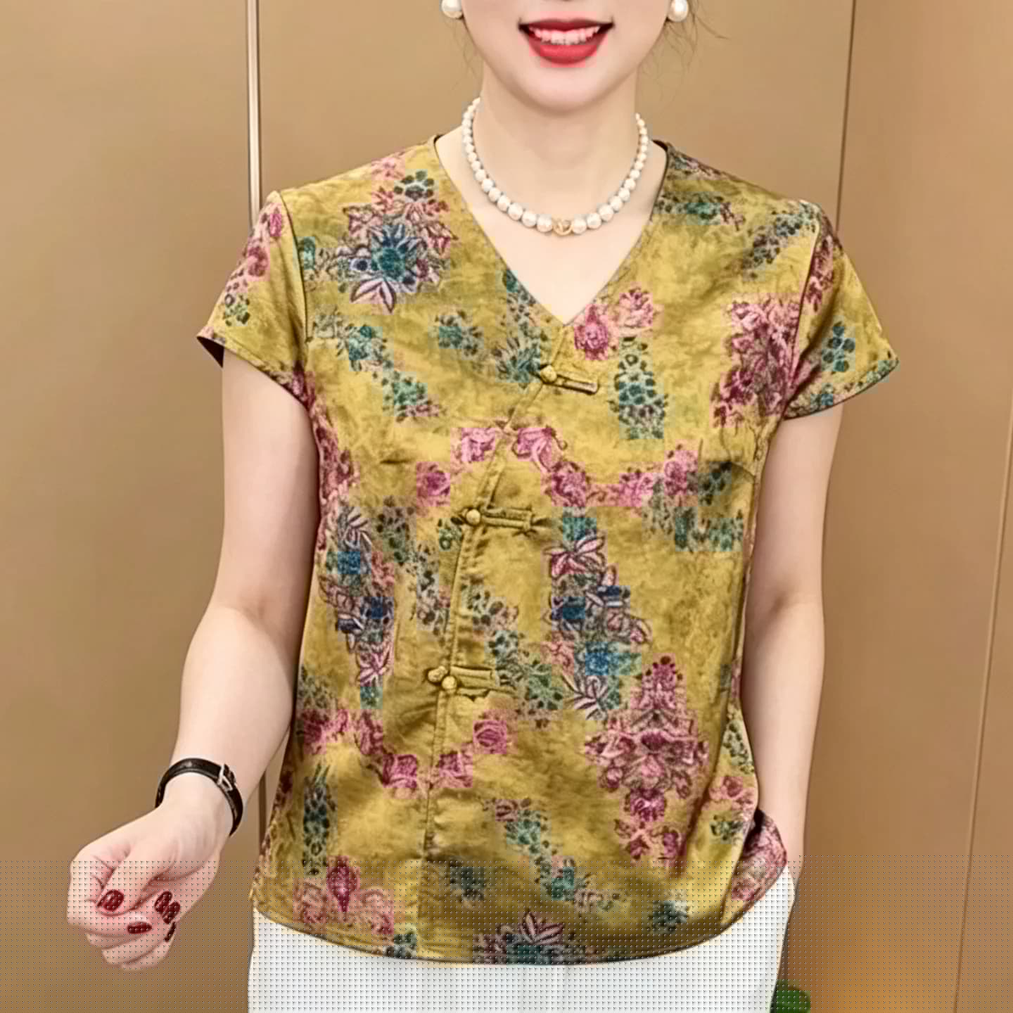 妈妈装V领斜门襟盘扣中式印花小衫时尚女夏季短袖T恤减龄百搭上衣 - 缩略图4