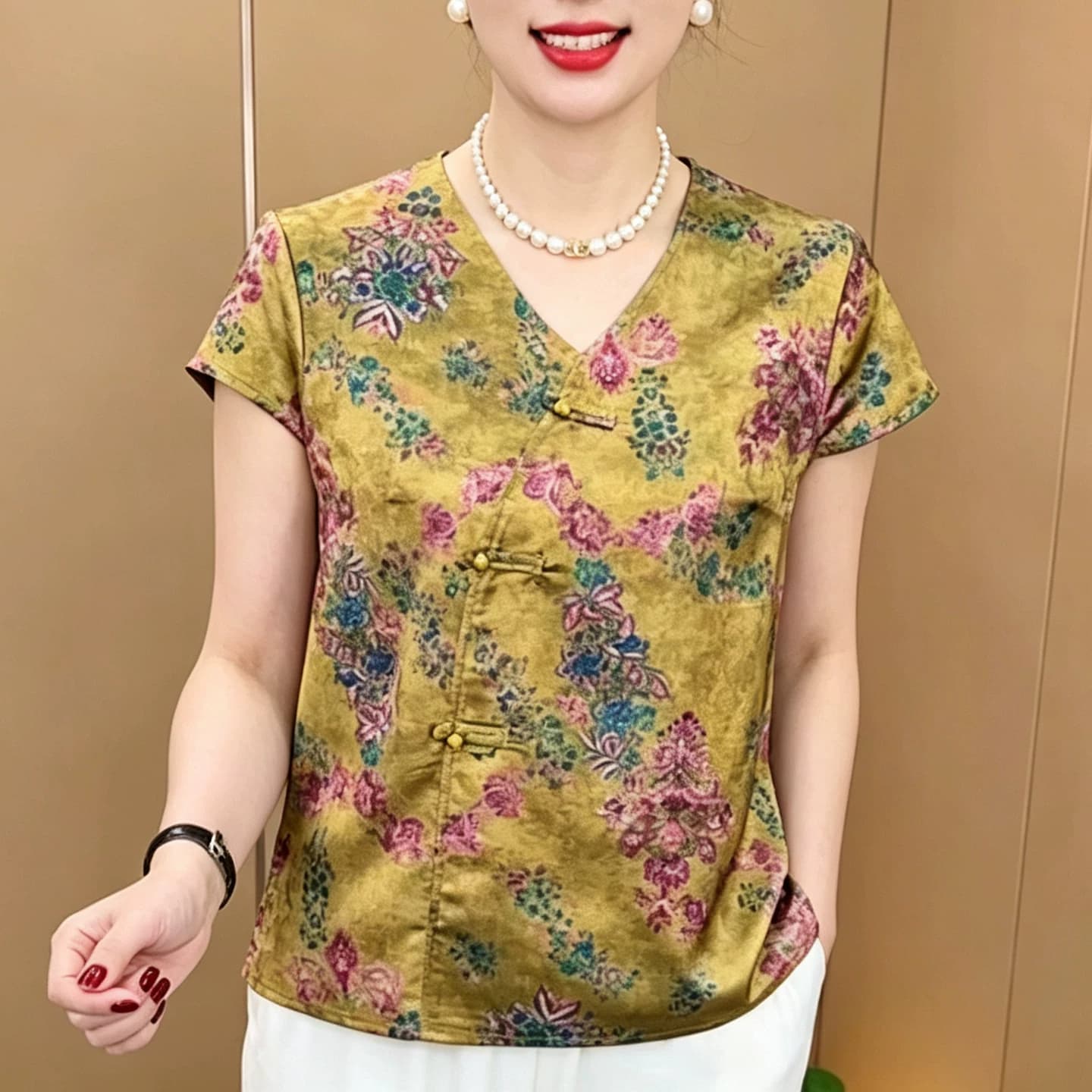 妈妈装V领斜门襟盘扣中式印花小衫时尚女夏季短袖T恤减龄百搭上衣 - 缩略图3