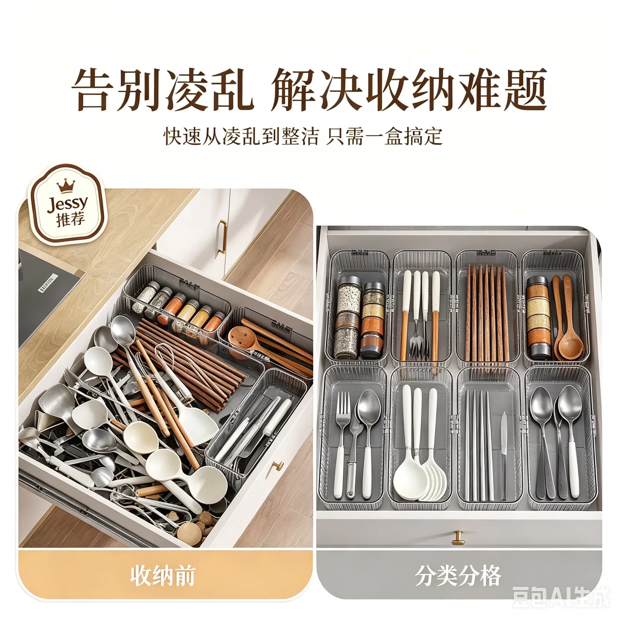 可伸缩厨房抽屉餐具收纳盒橱柜分格筷勺刀叉整理盒 透明PET材质 - 缩略图3