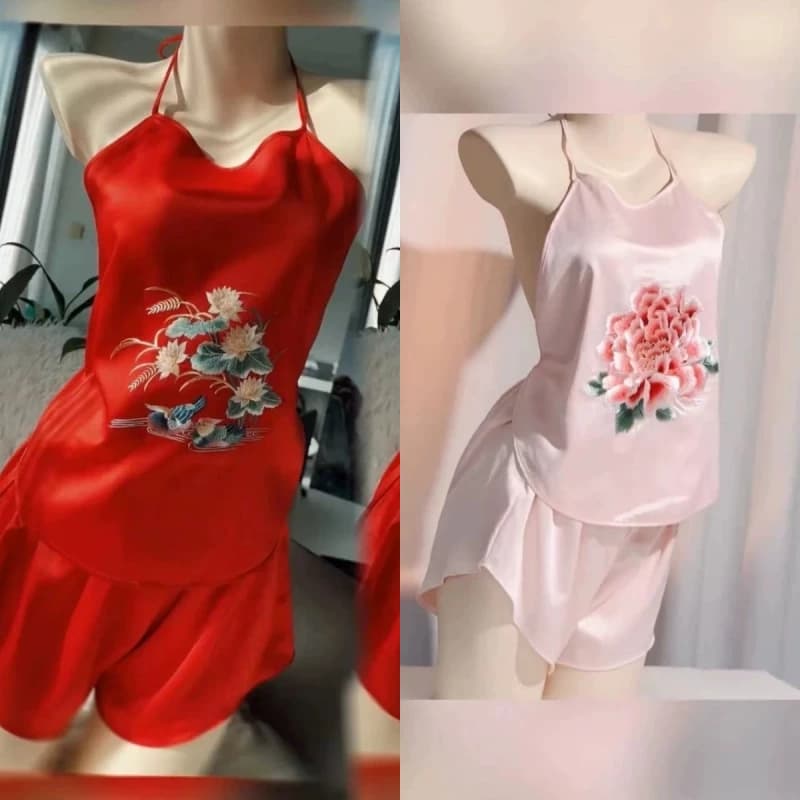 买一送一苏绣刺绣鸳鸯冰丝复古风肚兜性感内衣夏天睡衣女吊带套装 - 缩略图4