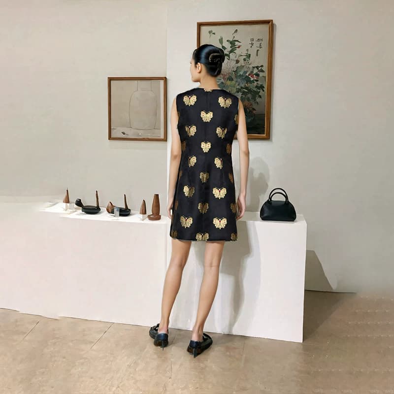 上久楷黑金蝴蝶名家宋锦连衣裙真丝桑蚕丝背心裙定做裙子裁缝 - 缩略图4
