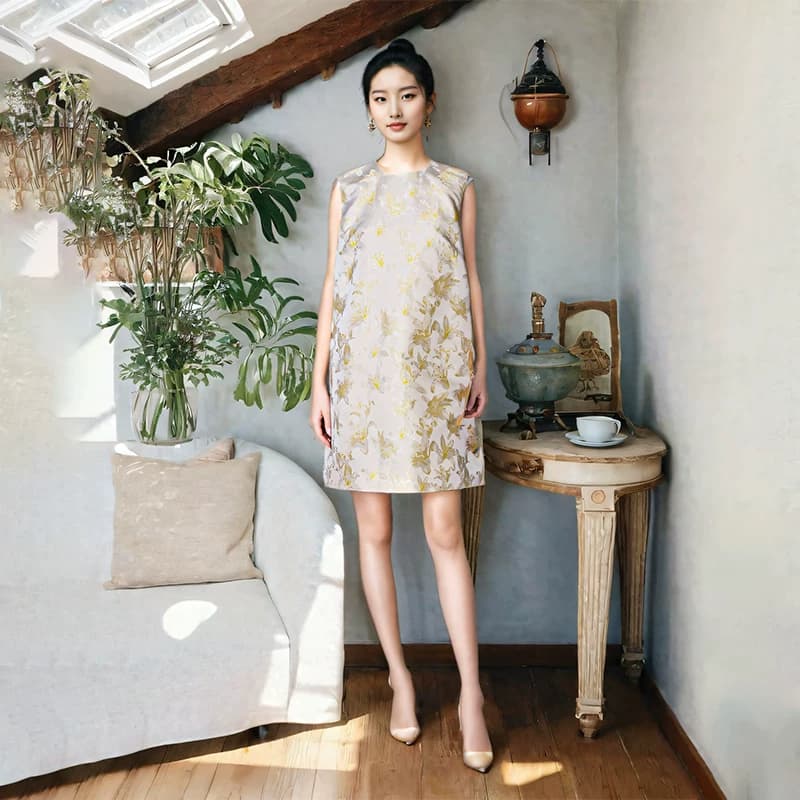 上久楷白百合名家宋锦连衣裙桑蚕丝背心裙真丝布料定制衣服裁缝 - 缩略图2