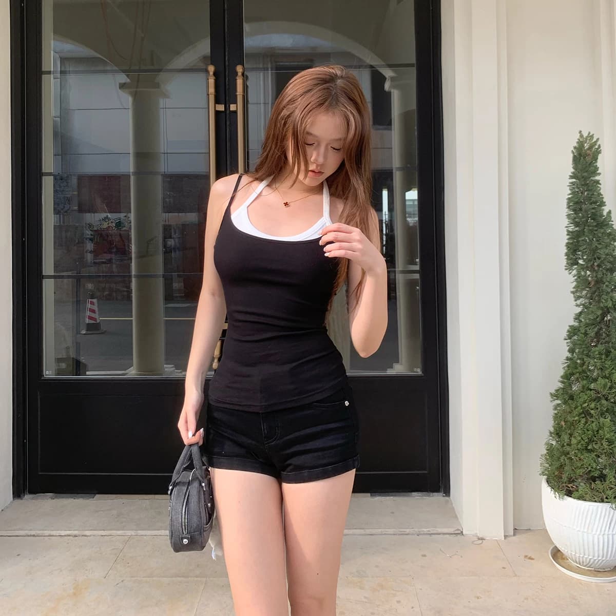 sunn21 美式复古撞色设计感挂脖吊带背心女夏季假两件修身上衣潮 - 缩略图2