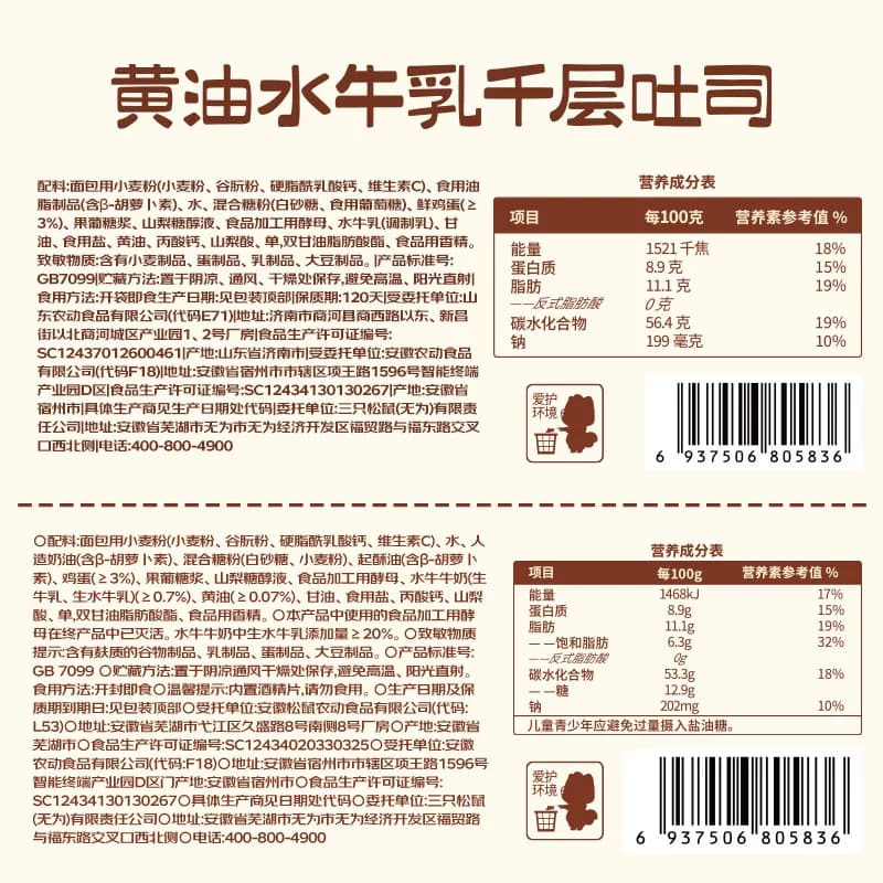 【三只松鼠_黄油水牛乳千层吐司1kg】手撕面包整箱糕点点心CL - 缩略图5