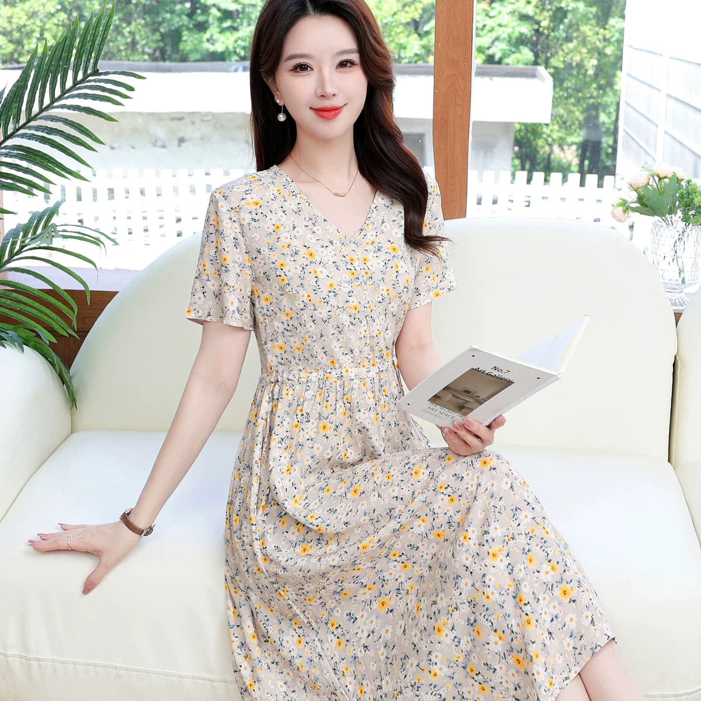2026新款夏季高端棉绸连衣裙女外穿气质收腰碎花中长绵绸大摆裙子 - 缩略图4