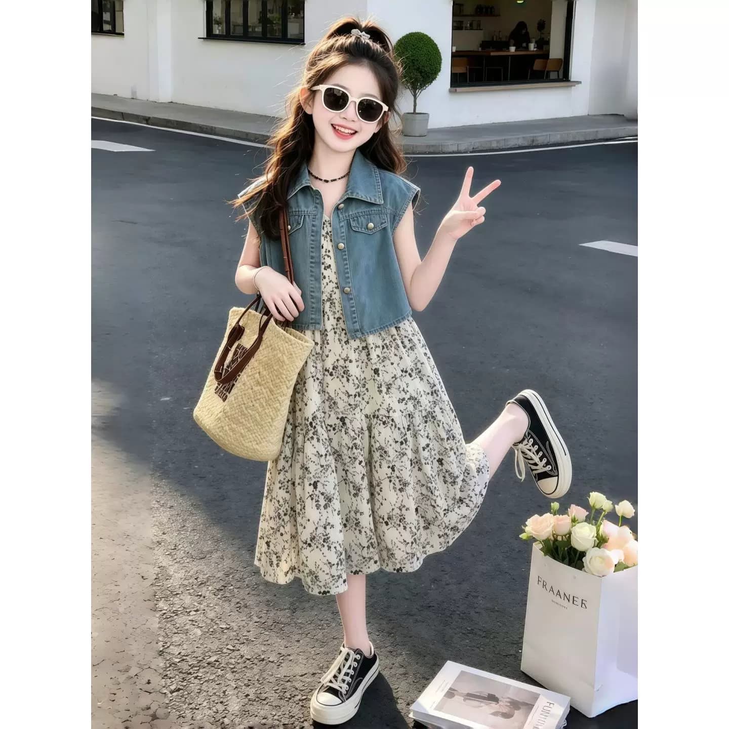女童公主风棉混纺女大童牛仔马甲碎花连衣裙两件套夏季洋气套装裙 - 缩略图2