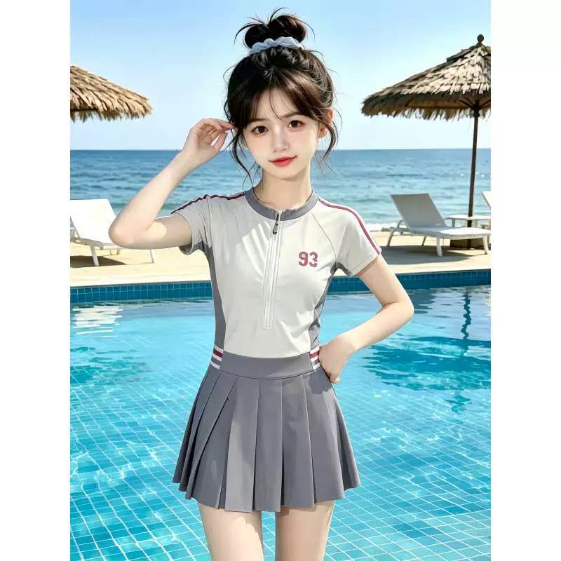 女大童夏季休闲拼色泳衣2026新款中大童洋气时尚连体裙式游泳衣潮 - 缩略图3