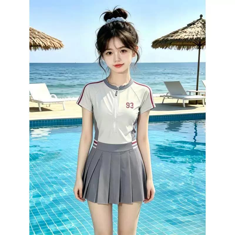 女大童夏季休闲拼色泳衣2026新款中大童洋气时尚连体裙式游泳衣潮 - 缩略图2