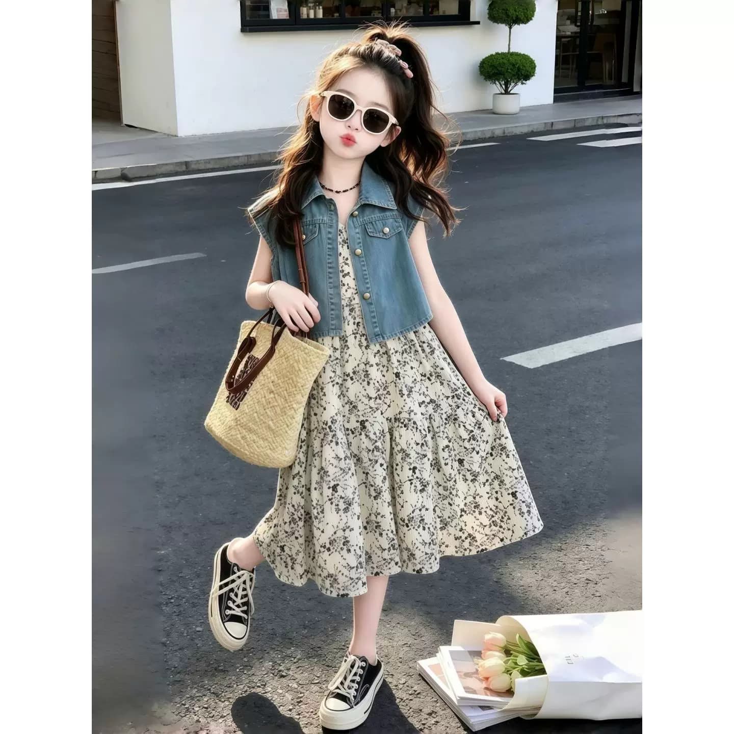 女童公主风棉混纺女大童牛仔马甲碎花连衣裙两件套夏季洋气套装裙 - 缩略图5