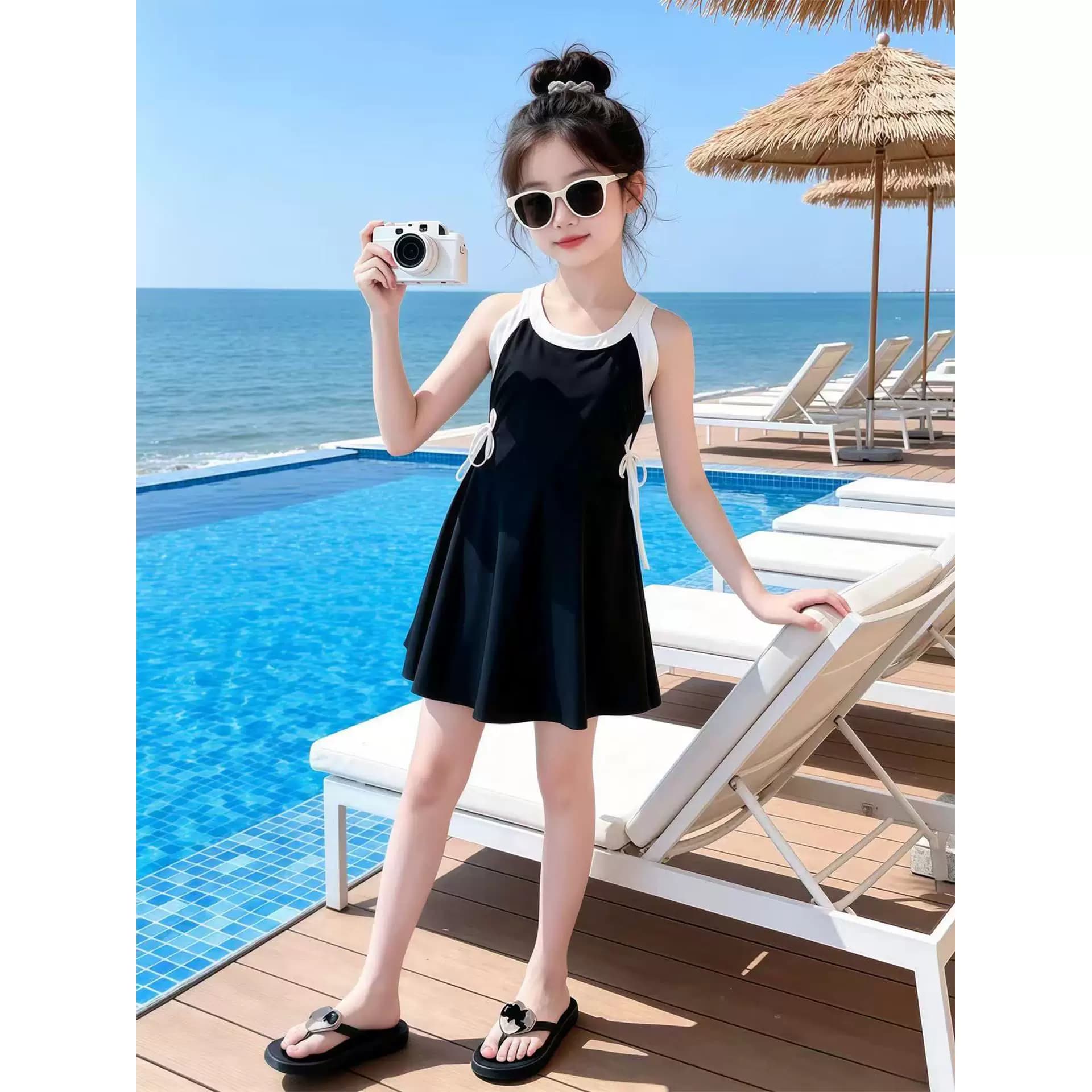 女童泳衣夏季2026新款儿童连体裙式泳装大童女孩网红高颜值游泳衣 - 缩略图3