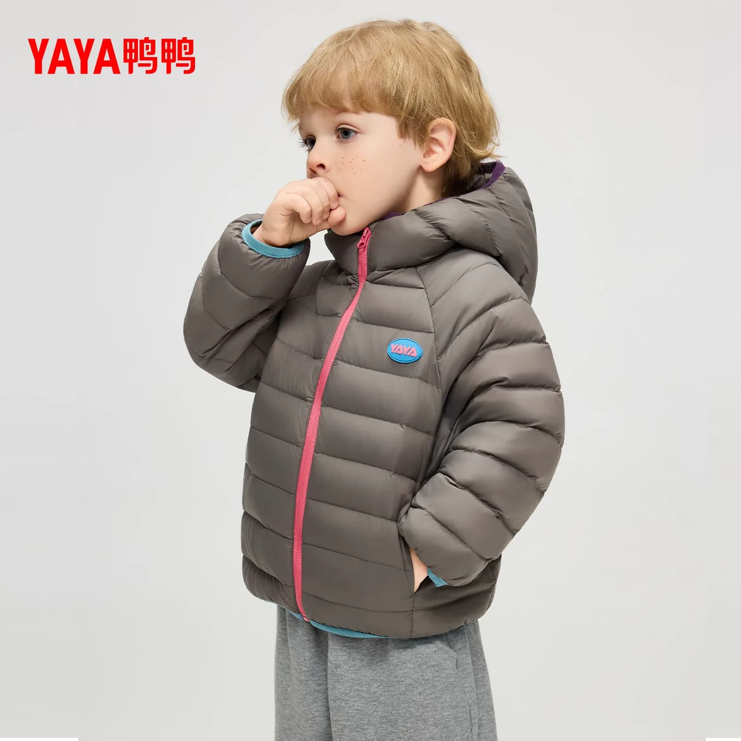 鸭鸭儿童羽绒服男女童同款2026反季轻薄立领连帽短款面包服外套M - 缩略图3