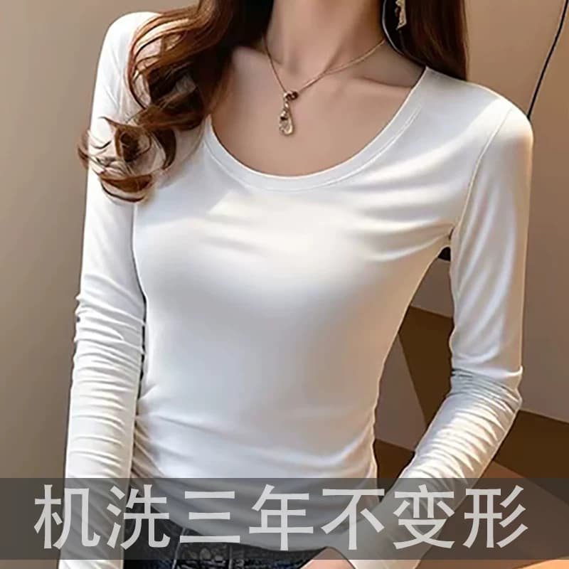 纯棉打底衫女长袖黑色修身内搭薄款秋衣秋冬加绒上衣t恤2024新款 - 缩略图3