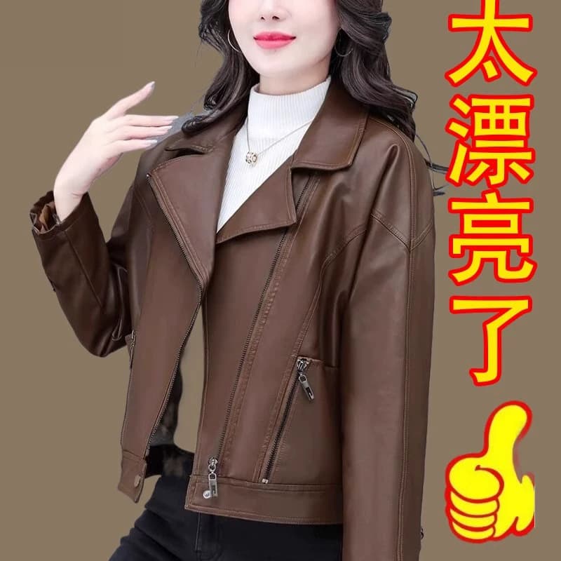 2026秋冬新款加绒宽松机车皮夹克韩版潮流女士大码皮衣外套潮妈装 - 缩略图4