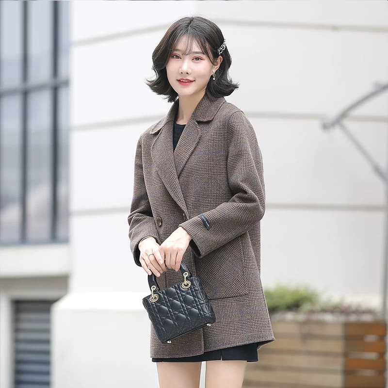 2021秋冬女装外套双面呢毛呢羊毛呢大衣细格子宽松版型外套 - 缩略图3