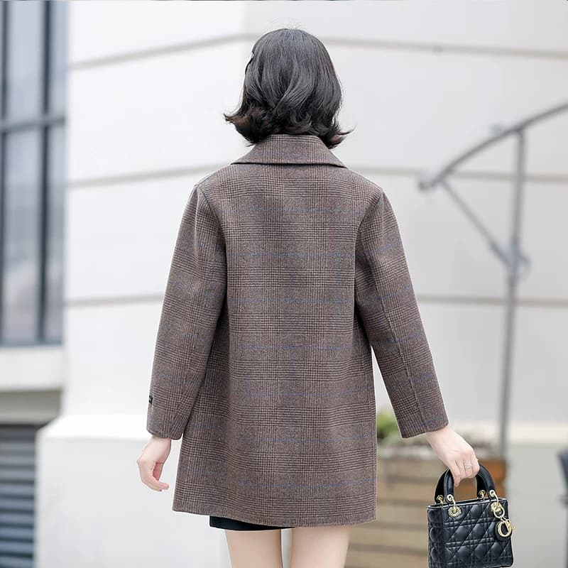 2021秋冬女装外套双面呢毛呢羊毛呢大衣细格子宽松版型外套 - 缩略图4