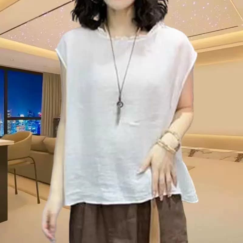 2026年夏季新款文艺宽松木耳花边圆领无袖棉麻衬衫女休闲小衫上衣 - 缩略图2