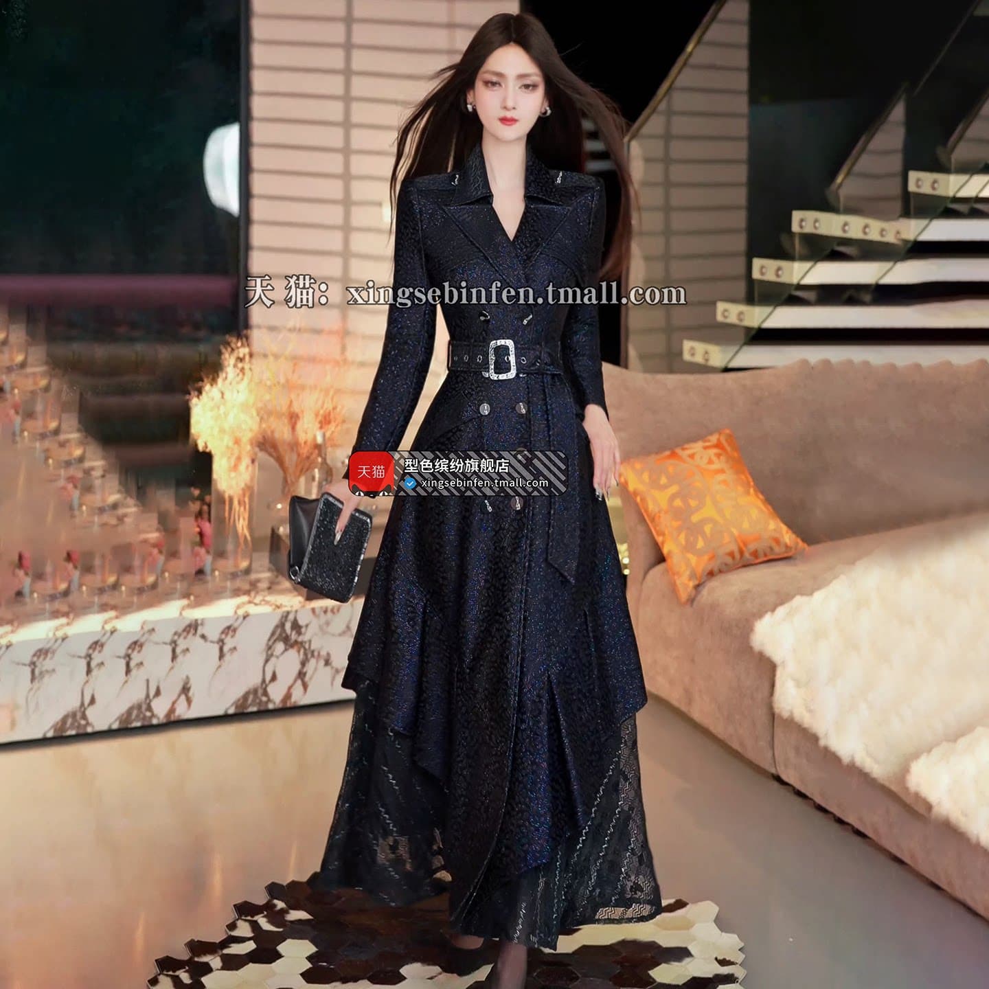 秋季时尚双排扣风衣2026女装新款小众假两件裙摆气场强大收腰外套 - 缩略图2