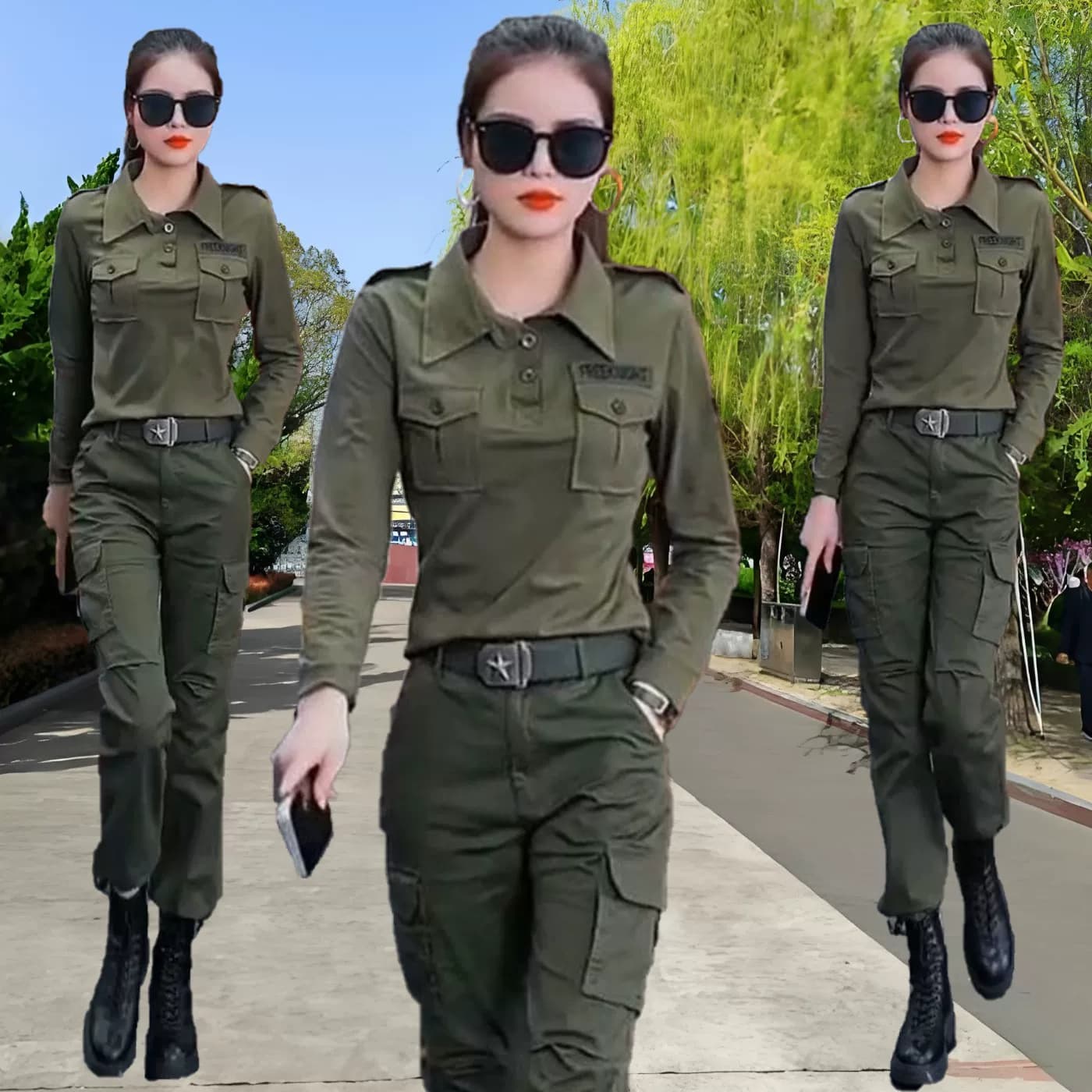 户外长袖翻领T恤迷彩服女工装裤长裤水兵舞服装演出军绿裤套装黑T - 缩略图2