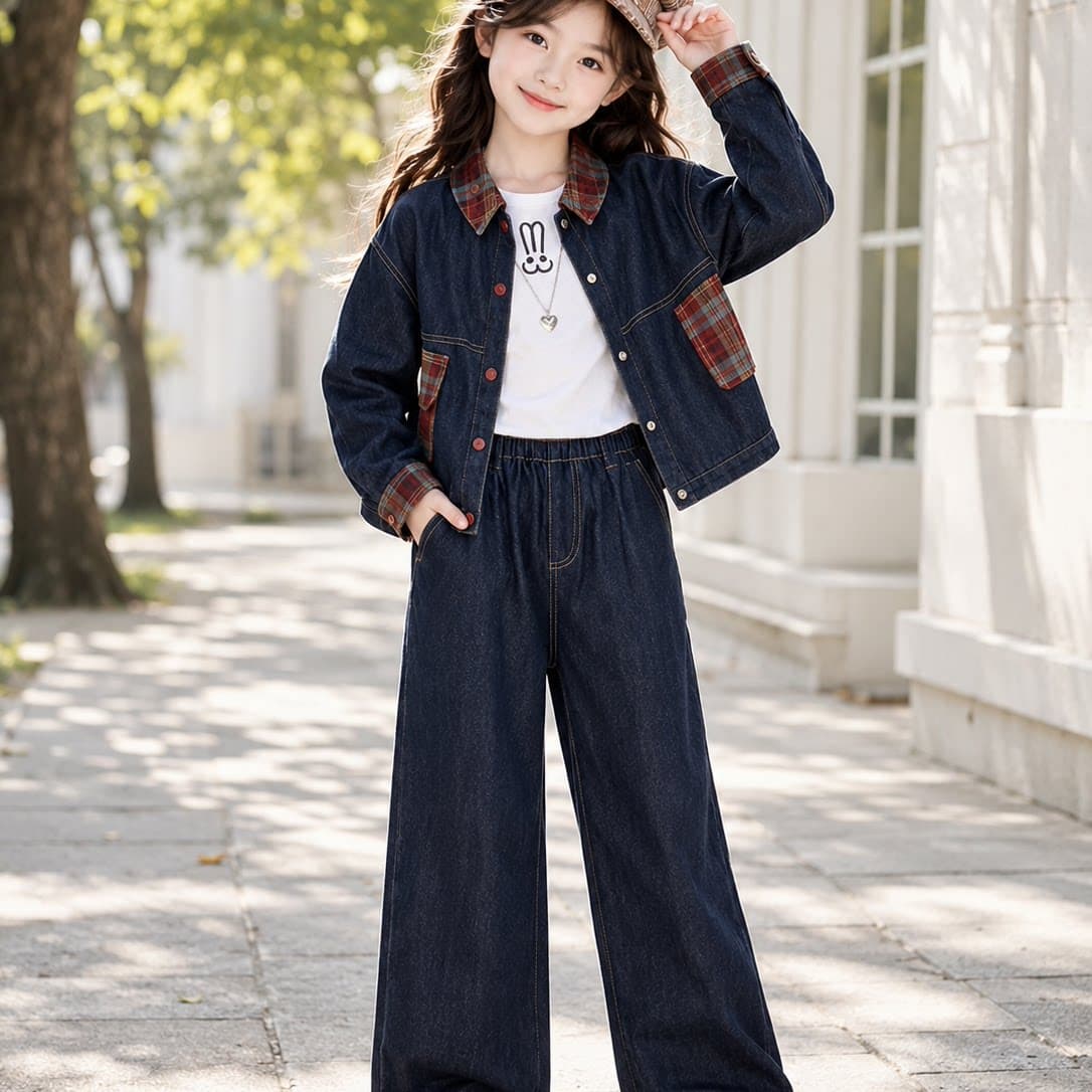 女童复古格子拼接牛仔套装2026春秋新款洋气夹克阔腿裤两件套翻领 - 缩略图2