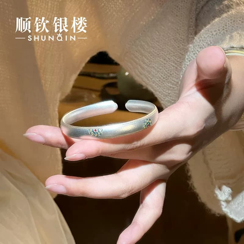 顺钦银楼S9999足银宝吉相手镯女新中式国风好运礼物设计感银饰 - 缩略图5