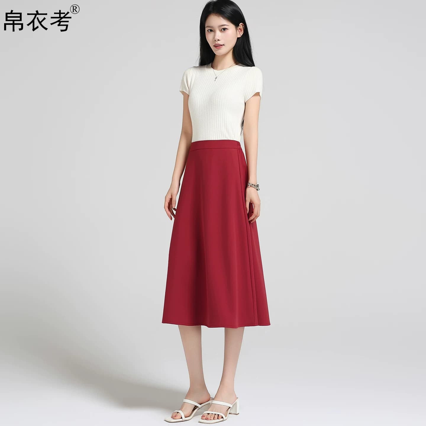 红色半身裙女春夏季新款高腰显瘦口袋松紧腰中长款简约职业a字裙 - 缩略图2