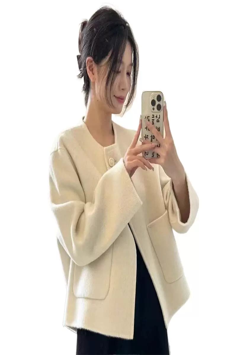 漂亮外衣2026新款高级感广州十三行毛呢大衣女装无领宽松两粒扣 - 缩略图5