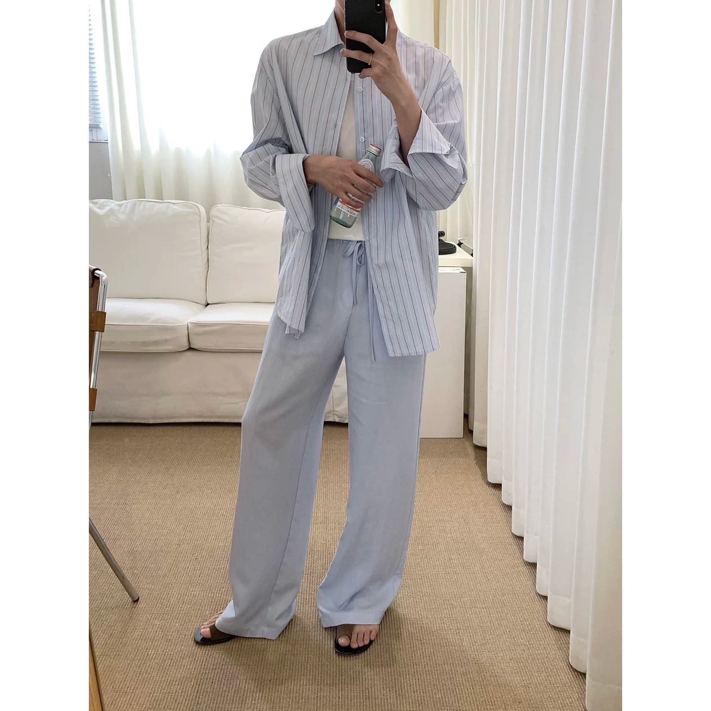 阿茶与阿古清蓝垂感直筒裤子男款夏季韩版宽松显瘦百搭休闲长裤 - 缩略图4