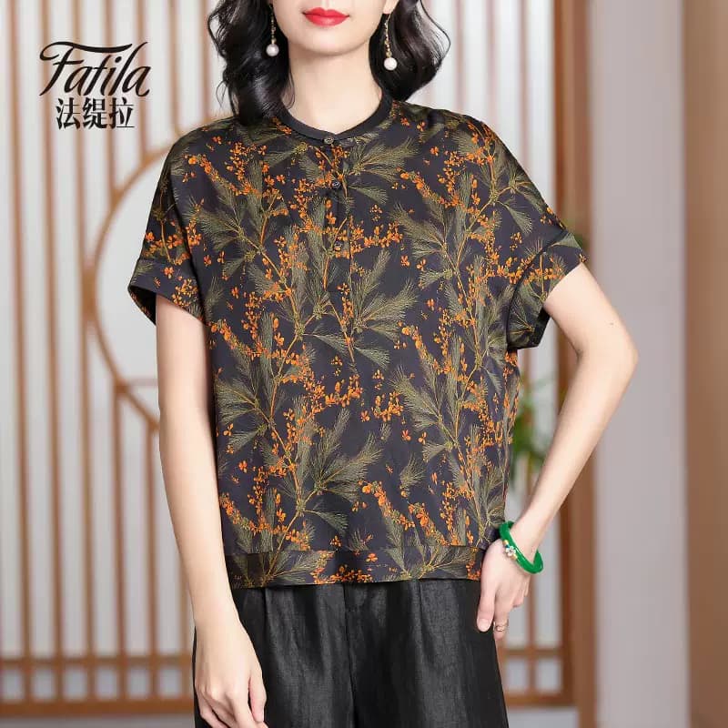 印花重磅真丝衬衫女短袖夏新款缎面中老年妈妈宽松大码桑蚕丝上衣 - 缩略图4