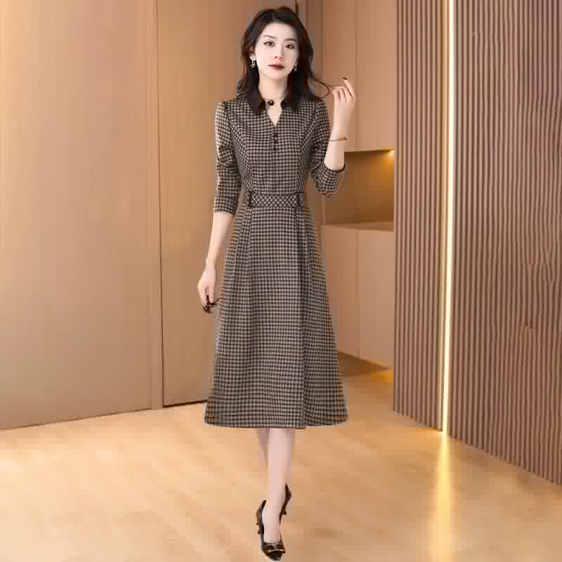 格纹毛呢长袖连衣裙子2026新款爆款春秋高端贵妇人品牌女装高级感 - 缩略图5